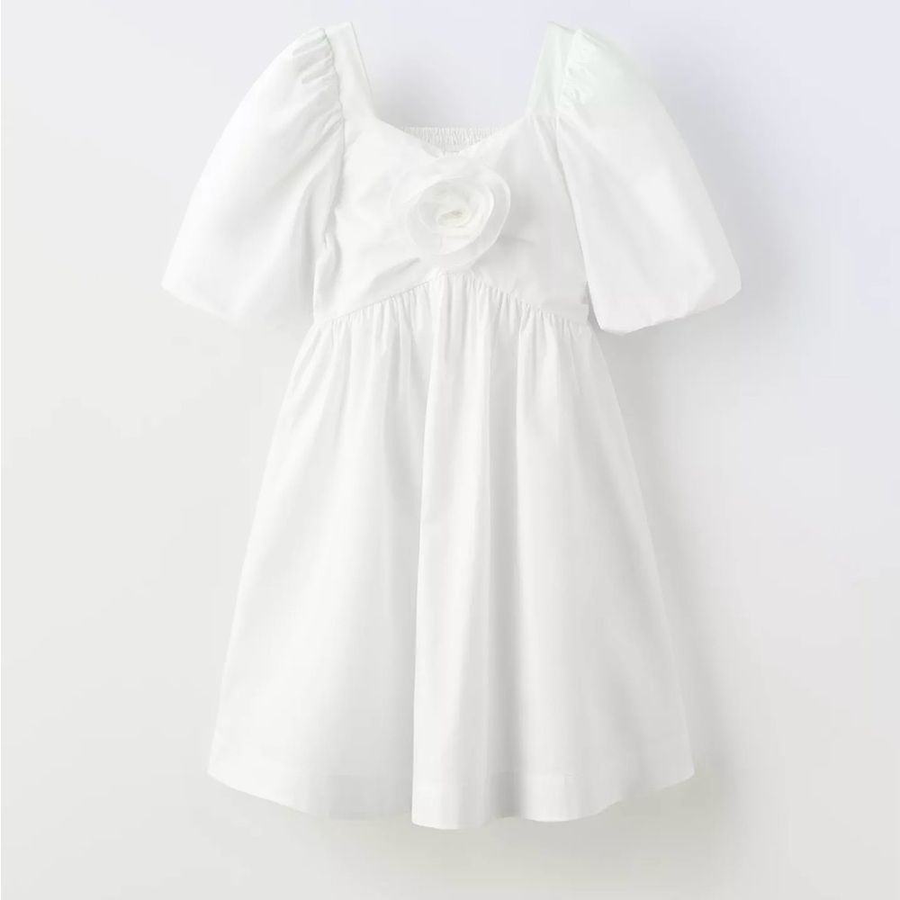 Zara White Babydoll Dress with Puff Sleeves and Square Neck